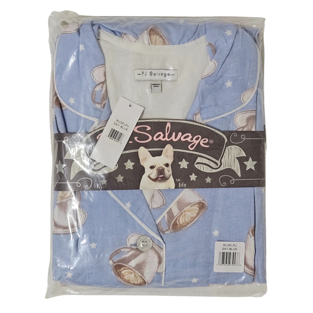 PJ Salvage Flannel Pajama Set Coffee Women Sky Blue Top & Pants NWT ☕
